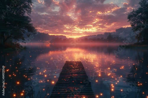 Calm evening lake with wooden dock, trees, and fireflies.