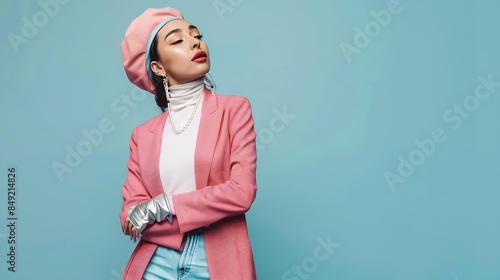 Fashionable confident woman wearing beret elegant pink tweed blazer turtleneck layered pearl necklace white denim maxi skirt silver boots posing on blue background Fulllength studio po : Generative AI