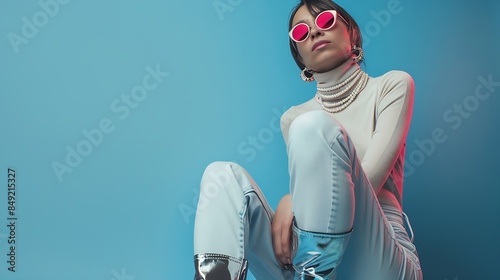 Fashionable confident woman wearing pink sunglasses turtleneck layered pearl necklace white denim maxi skirt silver boots posing on blue background Fulllength studio fashion portrait : Generative AI
