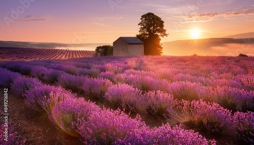 lavender field in region, lavender field at sunset, Sunrise over fields of lavender in the Provence, 