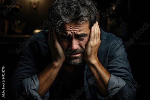 Beautiful adult bay -loose man looking stressed, embarrassed or upset, headache, c, generative IA
