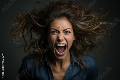 Portrait of a woman angrily and frustrated, shouting aloud and pulling her hair, i, generative IA