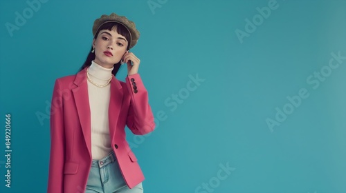 Fashionable confident woman wearing beret elegant pink tweed blazer turtleneck layered pearl necklace white denim maxi skirt silver boots posing on blue background Fulllength studio po : Generative AI