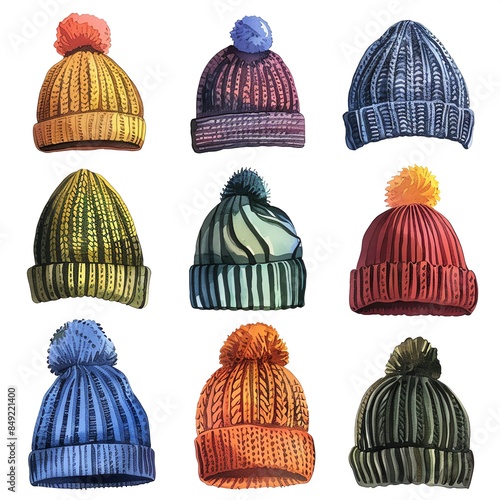 A collection of colorful knitted winter beanies with pom-poms, displayed in a grid. Perfect for winter fashion and cold weather accessories.
