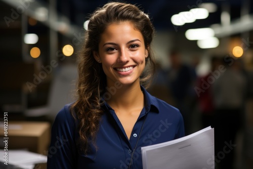 Employer looking pleased with work reading documents and smiling satisfied on foot, generative IA