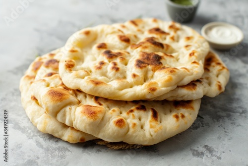 Several naan breads piled up, with golden brown spots from baking