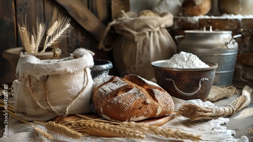 Napkin with rye bread bag containing flour and pots