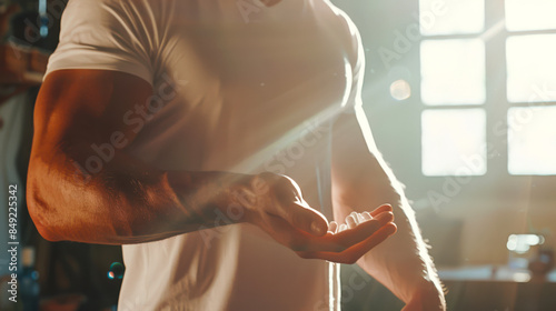 A muscular man in a white T-shirt holds a handful of white pills in capsules in his hand. The doping scandal. Close-up. Taking medications