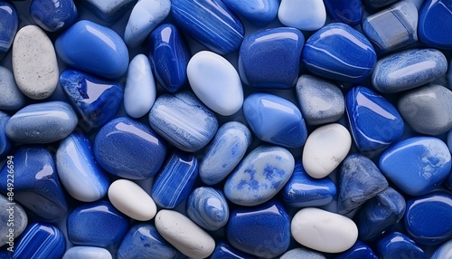 Niebieskie kamienie i minerały ułożone ciasno obok siebie tworzące kamienną mozaikę