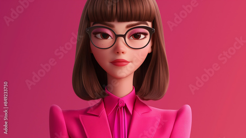 personagem de desenho animado de uma mulher com cabelos castanhos lisos na altura do peito, franja leve repartida para o lado, óculos pretos, terno rosa brilhante e blusa rosa
