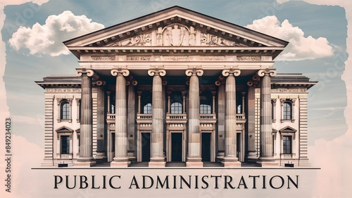 The building has a classical architectural design with pillars supporting a triangular pediment. Below the graphic, the word 'PUBLIC ADMINISTRATION' is written in bold, black letters.