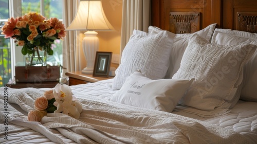 A bed in a guest room with fresh linens, a welcoming note, and a vase of flowers, creating a hospitable environment