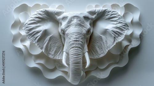 Intricately crafted paper elephant cutout, meticulously detailed against a neutral grey backdrop, showcasing stunning realism in minimalist close-up. Created with Generative AI.