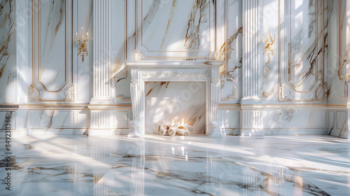 A majestic marble fireplace mantel crafted from exquisite white marble infused with veins of shimmering gold, its grandeur magnified by the precision of a UHD camera, radiating warmth and luxury.