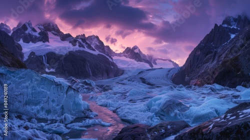 As twilight descends upon a remote glacier, the landscape transforms into a scene of surreal beauty