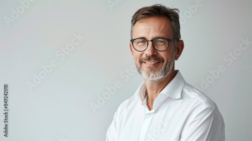 A smiling middle age businessman in white shirt and glasses isolated on light background.