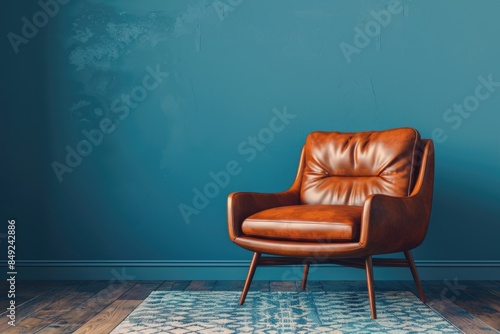 Modern interior design with leather armchair and blue wall background.