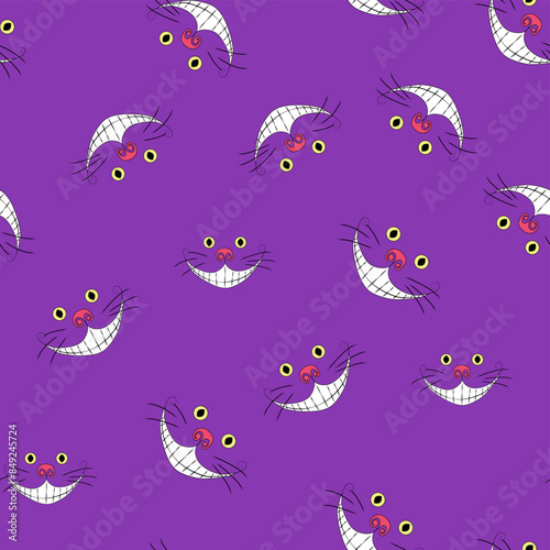 Alice in Wonderland seamless pattern. Cheshire cat smile on a purple background