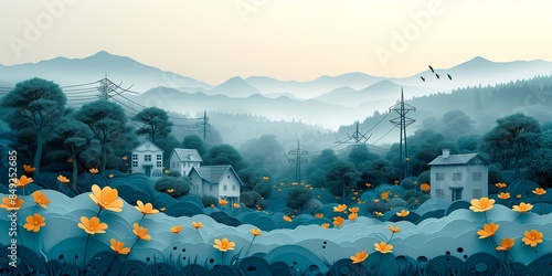 serene rural landscape with houses nestled among lush trees and flowers, featuring power lines pylons. The image captures the essence of electricity distribution in a picturesque countryside setting
