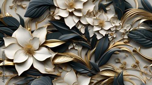 Elegant bouquet of white flowers and gold leaves seamless pattern