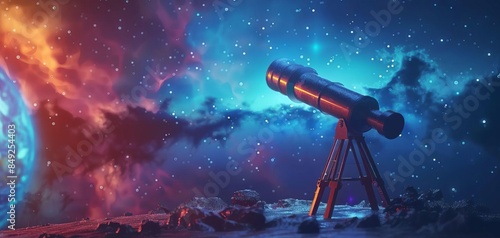 A modern flat design illustration of a telescope seen from a side view, perfect for stargazing and astronomy enthusiasts. This 3D rendered image showcases a sleek and stylish telescope that is ideal