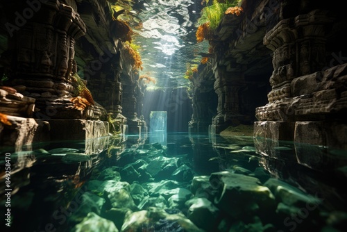Underwater temple in Bali with vibrant fish and corals., generative IA