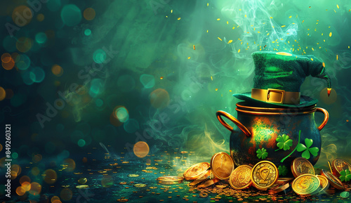 St. Patrick's Day: pot of gold, shamrocks, green hat, cauldron, festive background.