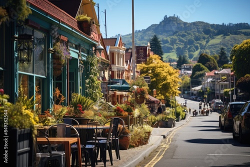 Urban Life in Nelson Trafalgar Street with restaurants and shops., generative IA