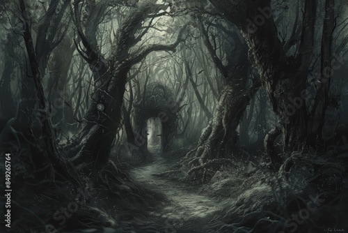 Dark Spooky Forest with Twisted Trees and Hidden Witch's Hut on Eerie Narrow Pathway