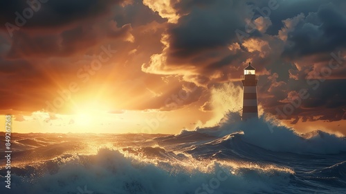 A lighthouse stands tall and proud on a rocky coast, guiding ships safely through the stormy seas.