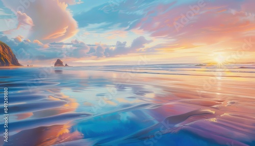 A breathtaking sunset over a serene beach with colorful reflections in the water, creating a peaceful and tranquil atmosphere.