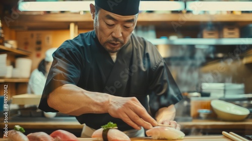 A Japanese chef expertly slicing fresh sashimi in a traditional kitchen setting.