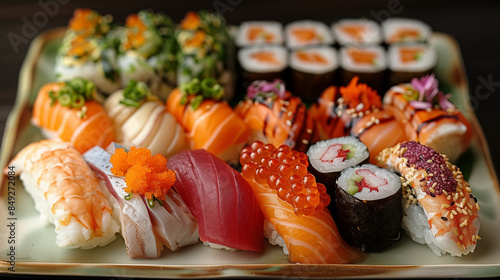 Colorful sushi platter showcasing diverse nigiri, maki, and sashimi on traditional ceramic dish. Concept of Japanese cuisine, culinary art, and gourmet dining.