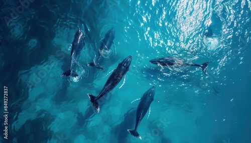 Aerial view of a pod of whales swimming in the clear blue ocean, showcasing marine life in natural habitat during a sunny day.
