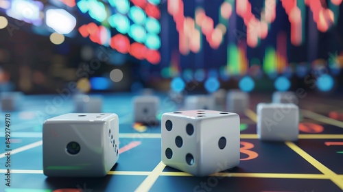 A pair of white casino dice on a craps table with a blurred background of a stock market ticker.