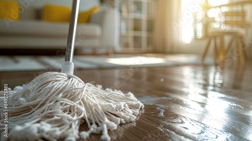 Background material image photo of a close-up of a mop cleaning the flooring, the background is a bright living room --ar 16:9 Job ID: 1c6fd33c-c17d-404b-9179-e92583ca6e33