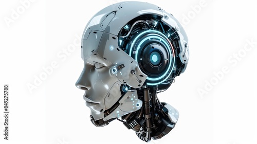 3D rendering of an AI robot head with a digital brain engine visible inside. The robot is isolated on a white background with a clipping path. Generative AI