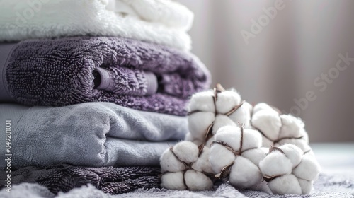 white, grey, and purple towels stacked with a cotton flower on a plain background, ideal for product display.