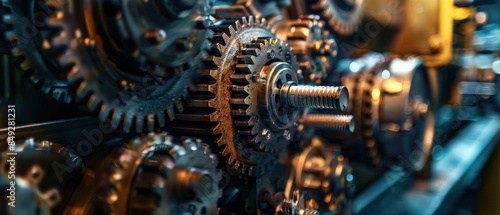 Close-up of intricate metal gears in a machine, highlighting the complexity and precision of mechanical engineering.