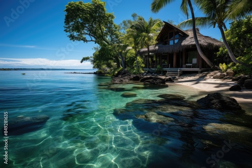 Paradise landscape in Viti Levu, Fiji, with resort shangri-la Fijian by the sea., generative IA