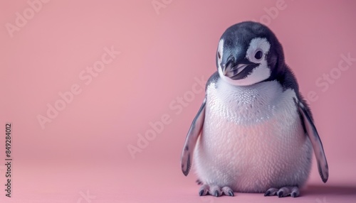 A cute Penguin sitting on a solid pastel background with space above for text