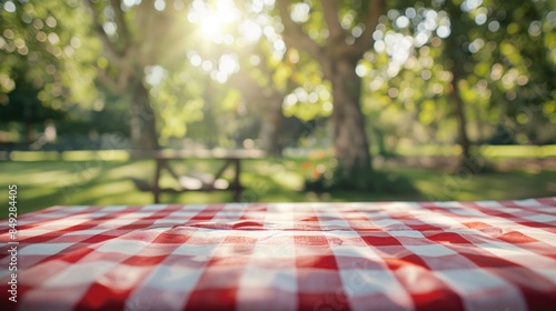 Red and white checkered tablecloth in a garden with trees,