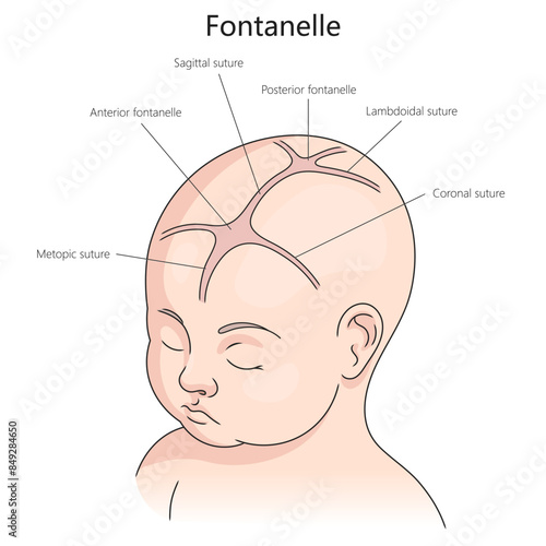 fontanelle and sutures in an infant's skull, including anterior and posterior fontanelles, sagittal, coronal, lambdoidal sutures diagram hand drawn vector illustration. Medical science illustration