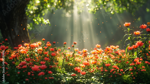 Create a realistic high-resolution photograph of a beautiful and sublime garden, the scene is during the day so the sunlight magically illuminates the flowers and trees that can be seen in the backgro