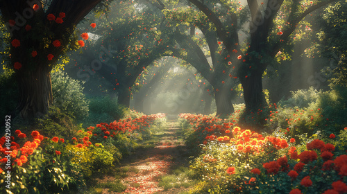 Create a realistic high-resolution photograph of a beautiful and sublime garden, the scene is during the day so the sunlight magically illuminates the flowers and trees that can be seen in the backgro