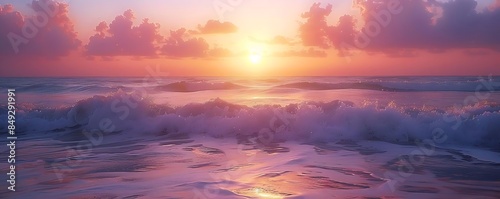 ocean sunset with waves crashing on the beach