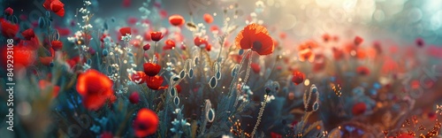Red poppies in the meadow with a blurred background in a banner format.