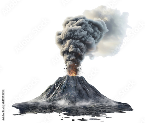 Erupting volcano with lava flowing down sides, cut out