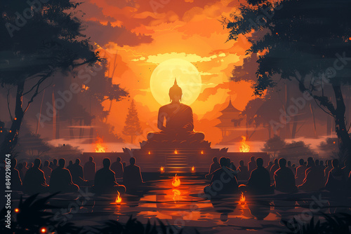 Monks Meditating Before Buddha Statue at Sunset
