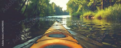 Kayaking adventure along a tranquil river, paddle strokes and nature exploration, 4K hyperrealistic photo.